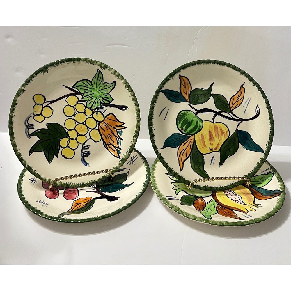 PV Italy Hand Painted Fruit Dessert Plates Set of 4 Scalloped Ceramic 7.75in